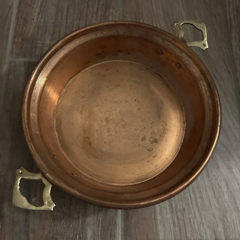 Antique Vtg Copper Saute Pan Pot with Brass‎ Handles 11